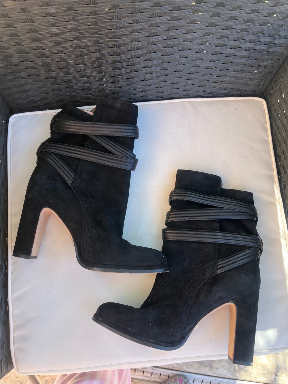 Black Suede High-Heel Ankle Boots with Wrap Straps